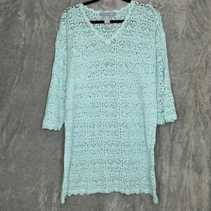 Modern Soul 1X Sweater Top Blue Solid Loose Knit 3/4 Sleeve V Neck Tunic Cotton